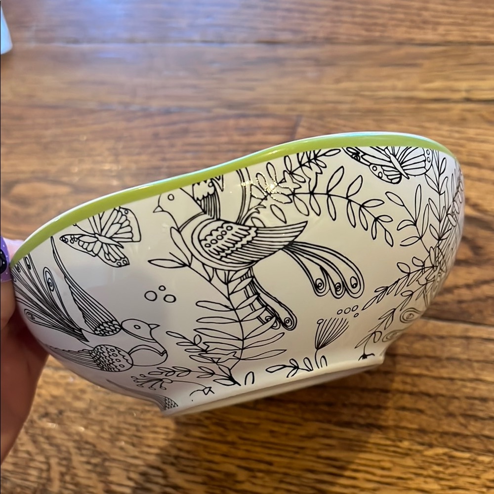 Cynthia Rowley Bird Patterned Bowl with Scalloped Wavy Green Rim